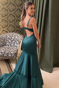 Green Straps Mermaid V-Neck Satin Long Formal Prom Dress with Slit