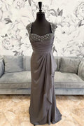 Grey Beaded Cap Sleeve Ruffles Long Mother of the Bride Dress