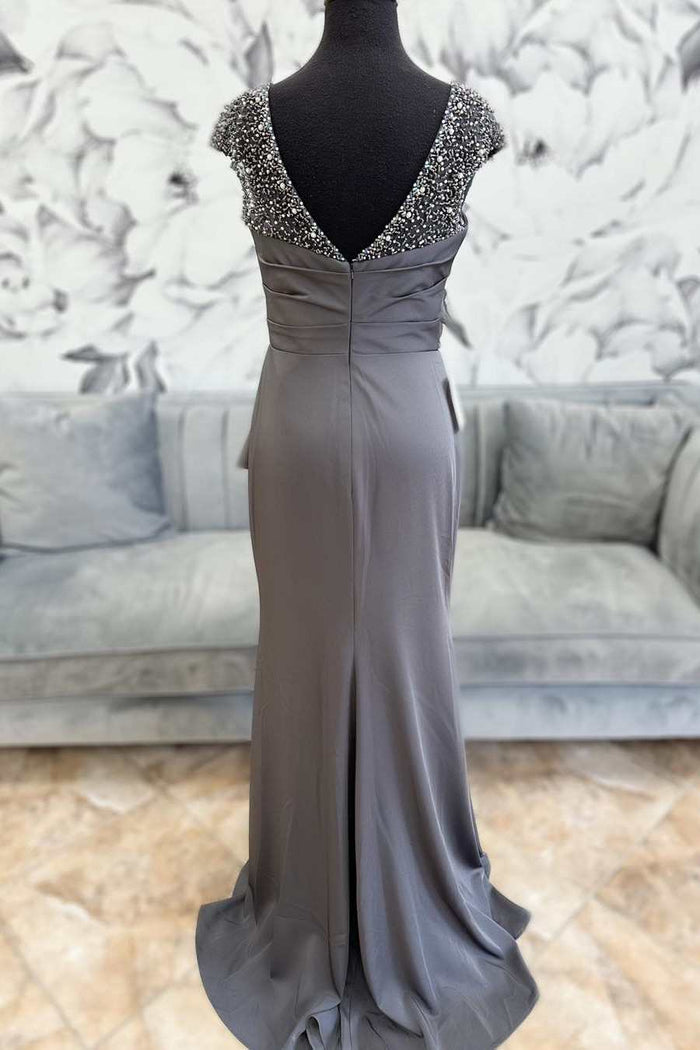 Grey Beaded Cap Sleeve Ruffles Long Mother of the Bride Dress