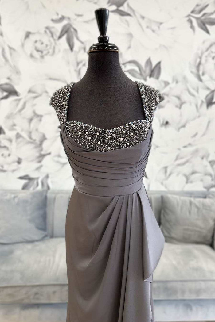 Grey Beaded Cap Sleeve Ruffles Long Mother of the Bride Dress