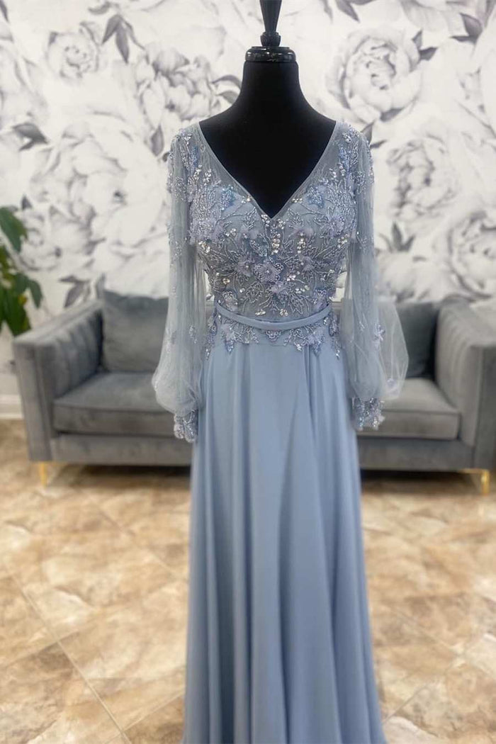 Grey Blue V-Neck Long Sleeve Beaded Mother of the Bride Dress