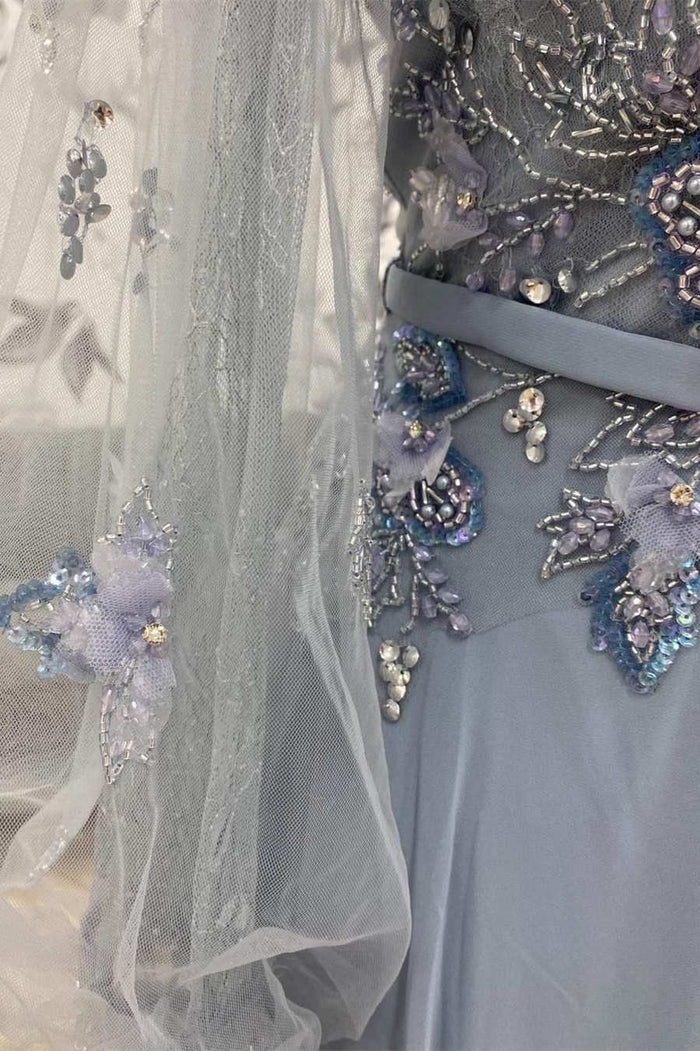 Grey Blue V-Neck Long Sleeve Beaded Mother of the Bride Dress