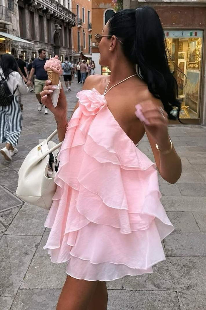 Halter A-Line Ruffles Chiffon Backless Short Homecoming Summer Dress