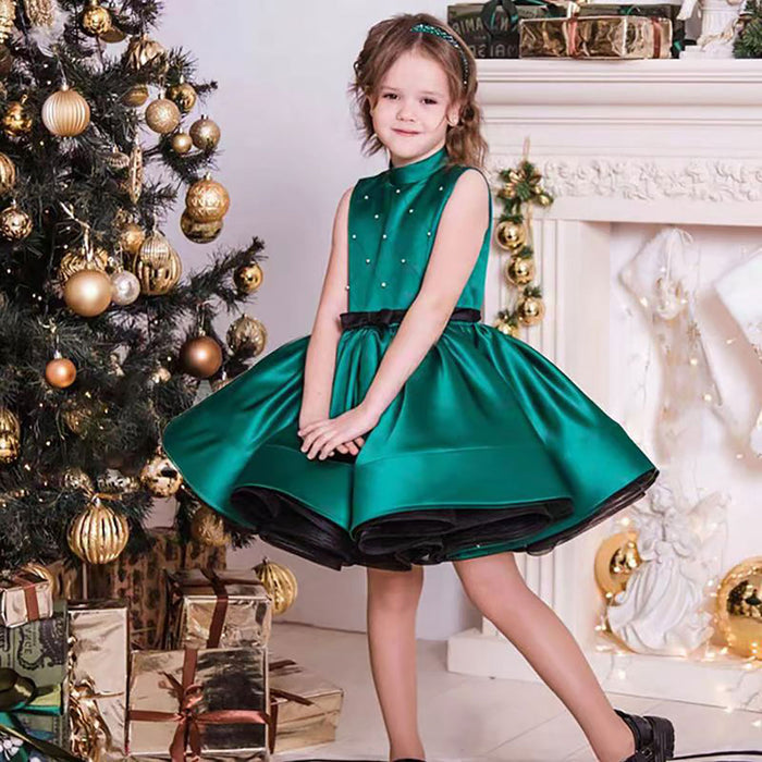 Halter Collar Sleeveless Satin Flower Girl Dress Green D057