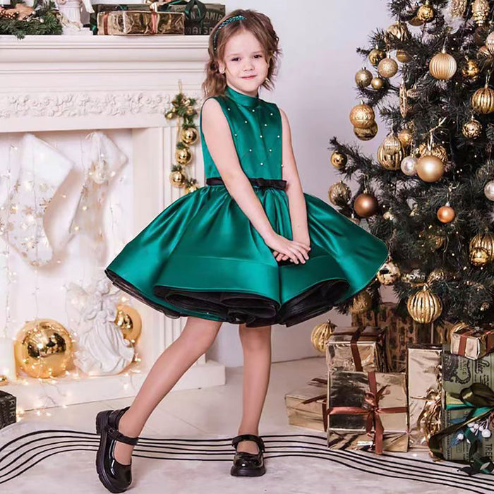 Halter Collar Sleeveless Satin Flower Girl Dress Green D057