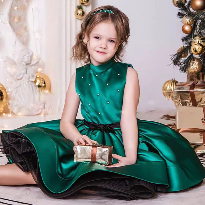 Halter Collar Sleeveless Satin Flower Girl Dress Green D057