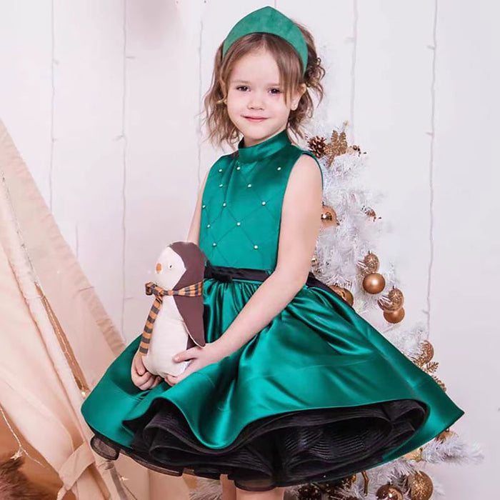 Halter Collar Sleeveless Satin Flower Girl Dress Green D057