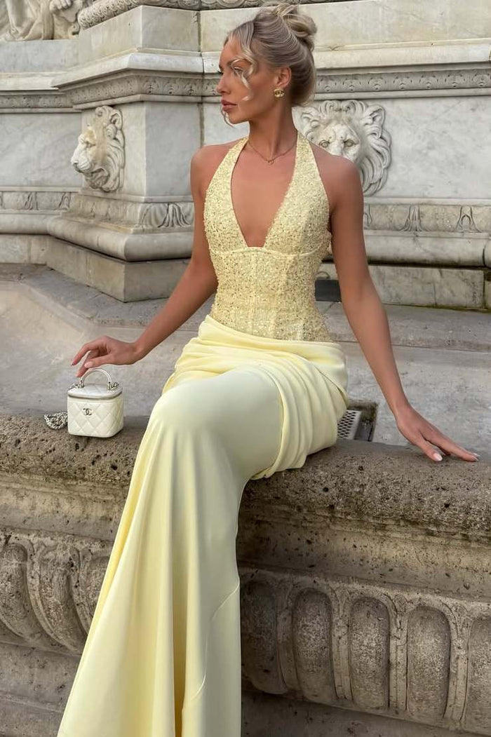 Halter Deep V-Neck Pleats Sleeveless Mermaid Satin Long Prom Dress