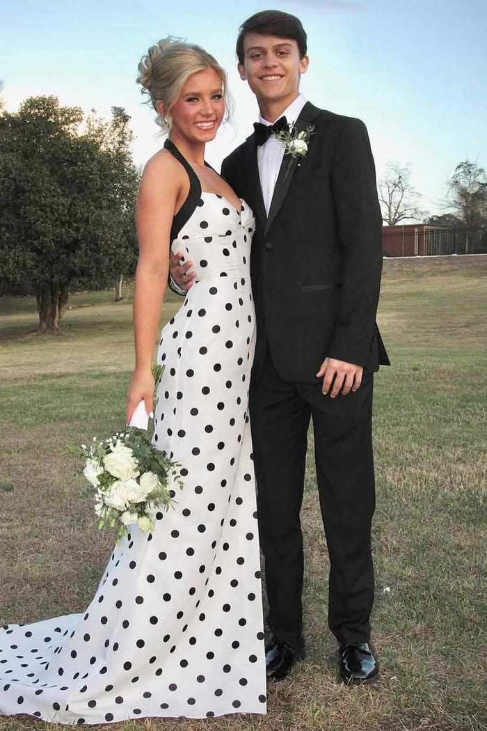 Halter Polka Dots Sweetheart Mermaid Sleeveless Prom Dress with Slit