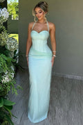 Halter Sweetheart Satin Pleats Sleeveless Sheath Formal Prom Dress