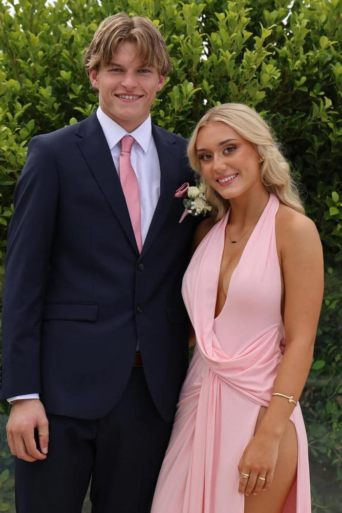 Halter V-Neck Pleats Sleeveless Pink Long Prom Dress with High Slit