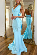 Halter V-Neck Satin Mermaid Pleated Long Formal Prom Dress with Bow