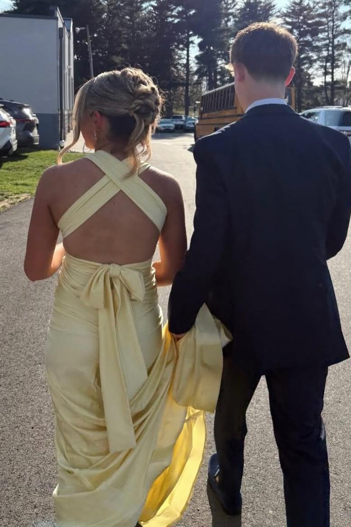 Halter V-Neck Sleeveless Satin Pleats Long Prom Dress with Train
