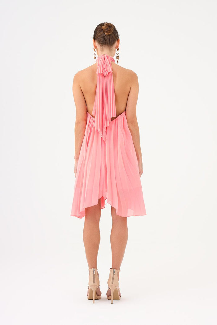 Halter Yaka Broş Detaylı Piliseli Mini Abiye Elbise - 9127C - PEMBE