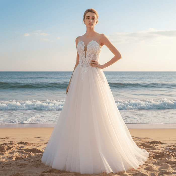 Heavy Beaded A-Line Tulle Wedding Dress with Illusion Sweetheart - Rosymae