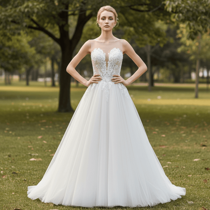 Heavy Beaded A-Line Tulle Wedding Dress with Illusion Sweetheart - Rosymae