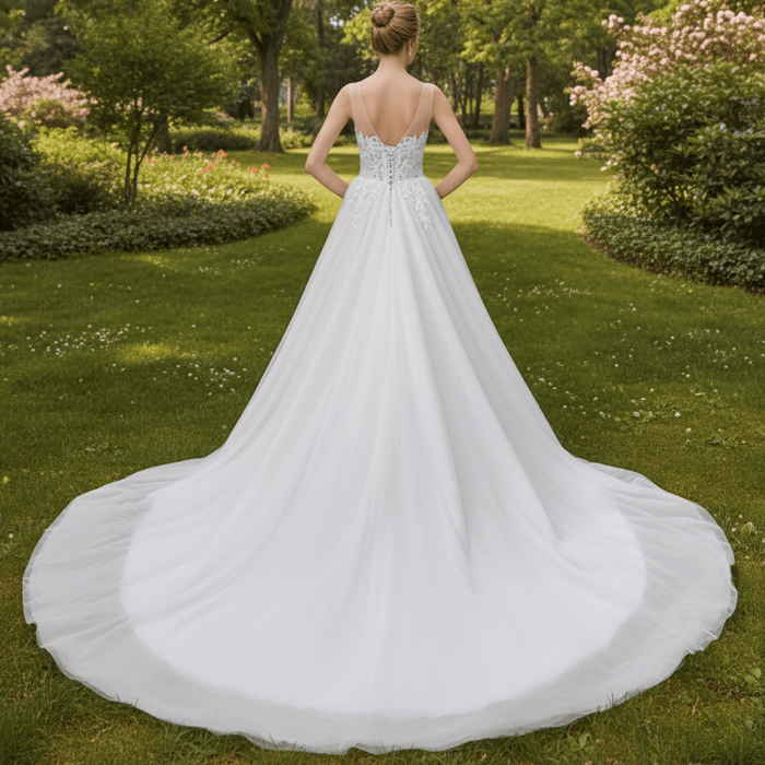 Heavy Beaded A-Line Tulle Wedding Dress with Illusion Sweetheart - Rosymae