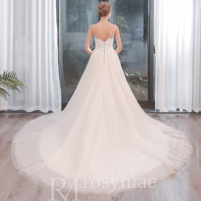 Heavy Beaded A-Line Tulle Wedding Dress with Illusion Sweetheart - Rosymae