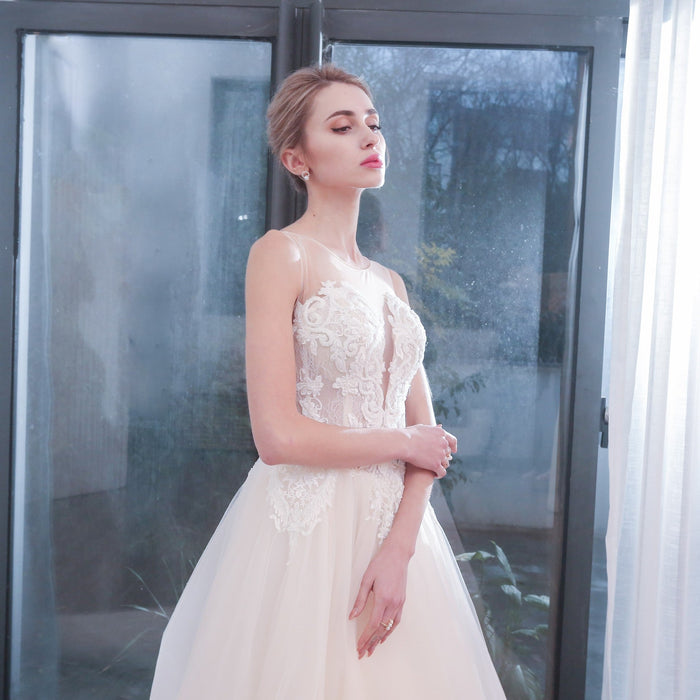 Heavy Beaded A-Line Tulle Wedding Dress with Illusion Sweetheart - Rosymae