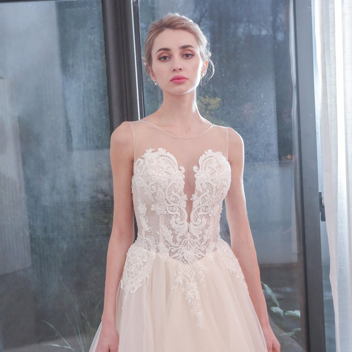 Heavy Beaded A-Line Tulle Wedding Dress with Illusion Sweetheart - Rosymae