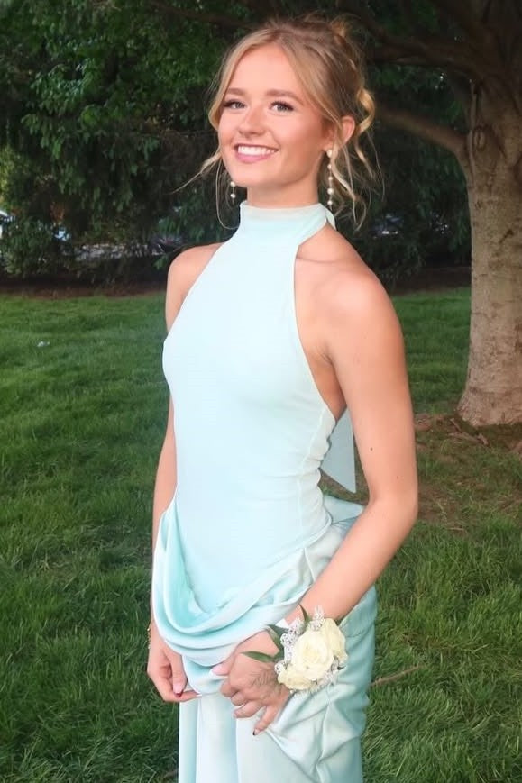 High Neck Sleeveless Satin Pleats Fitted Long Formal Prom Dress