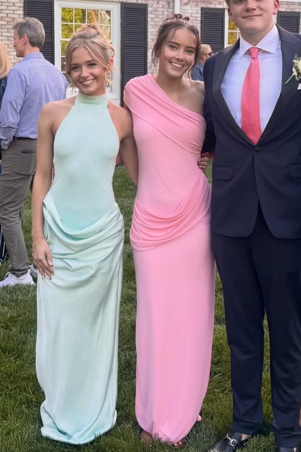 High Neck Sleeveless Satin Pleats Fitted Long Formal Prom Dress