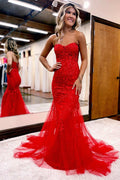 Hot Pink Appliques Sweetheart Lace-Up Trumpet Long Prom Dress