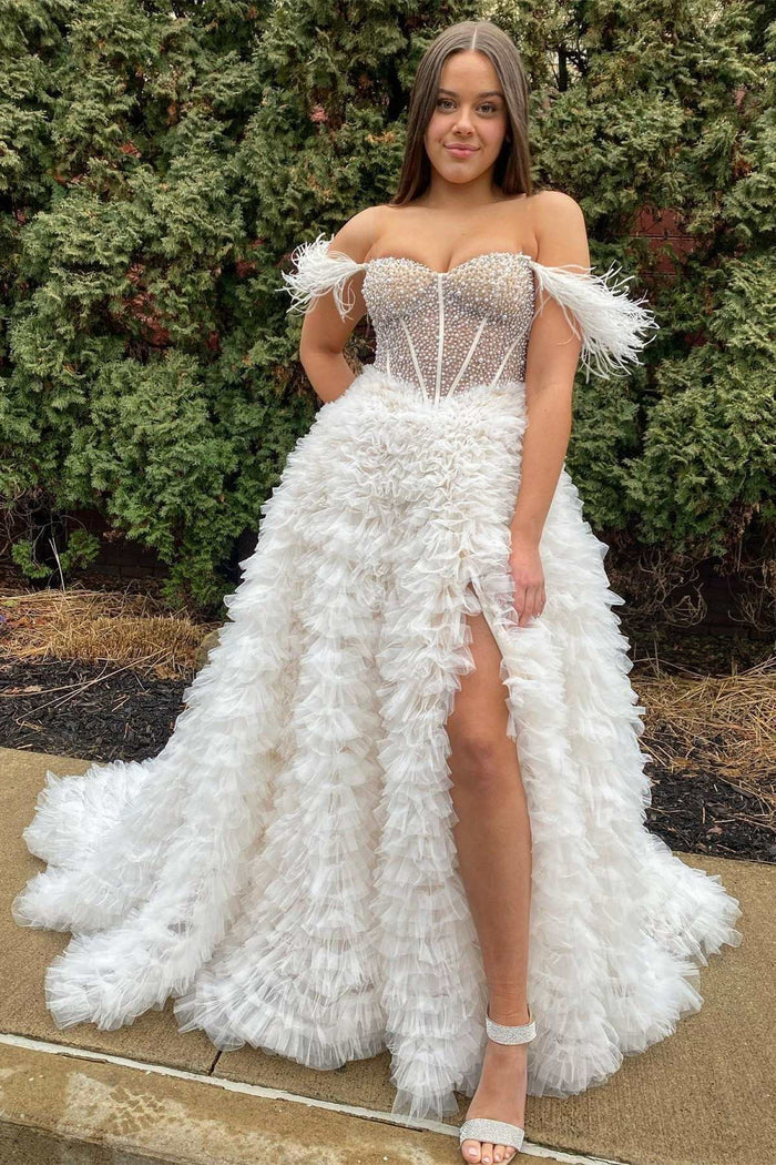 Hot Pink Beaded Feather Off-the-Shoulder Tiered Long Prom Dress with Ruffles
