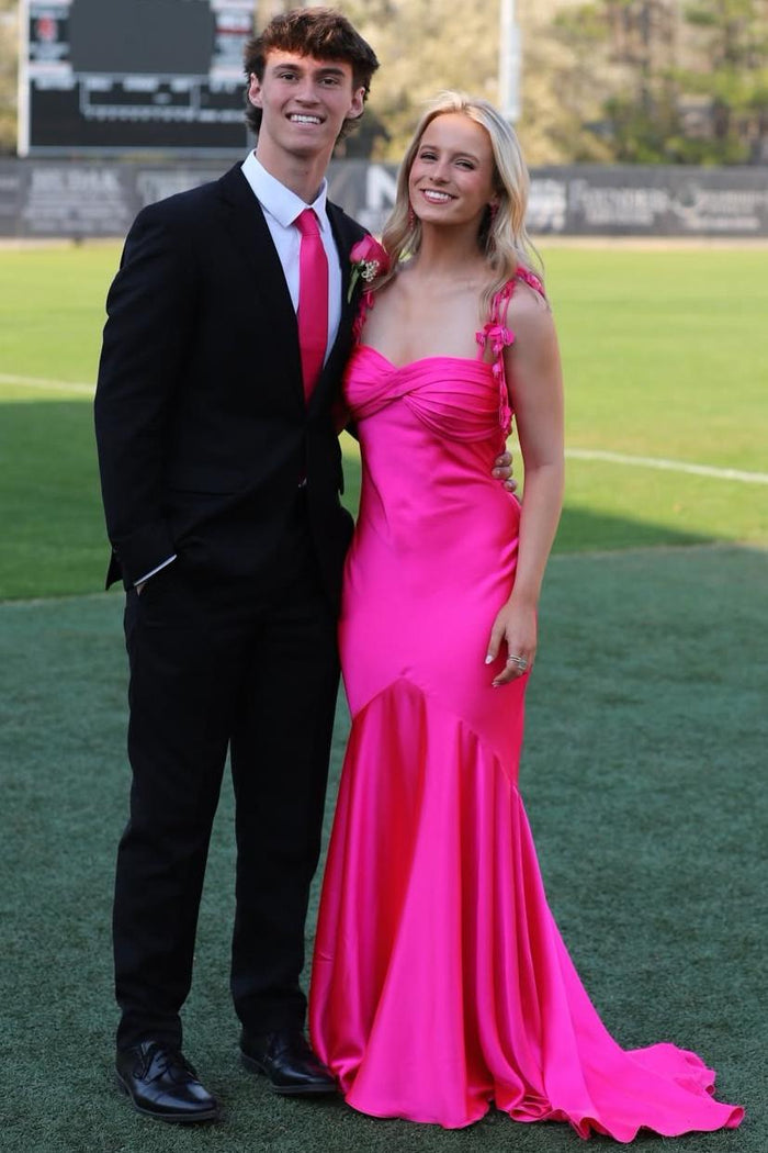 Hot Pink Double Straps with Flower Sweetheart Pleated Mermaid Prom Dress