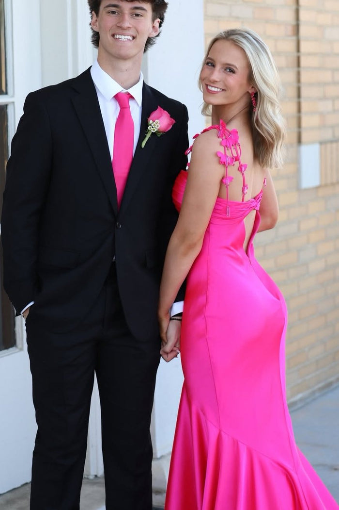 Hot Pink Double Straps with Flower Sweetheart Pleated Mermaid Prom Dress