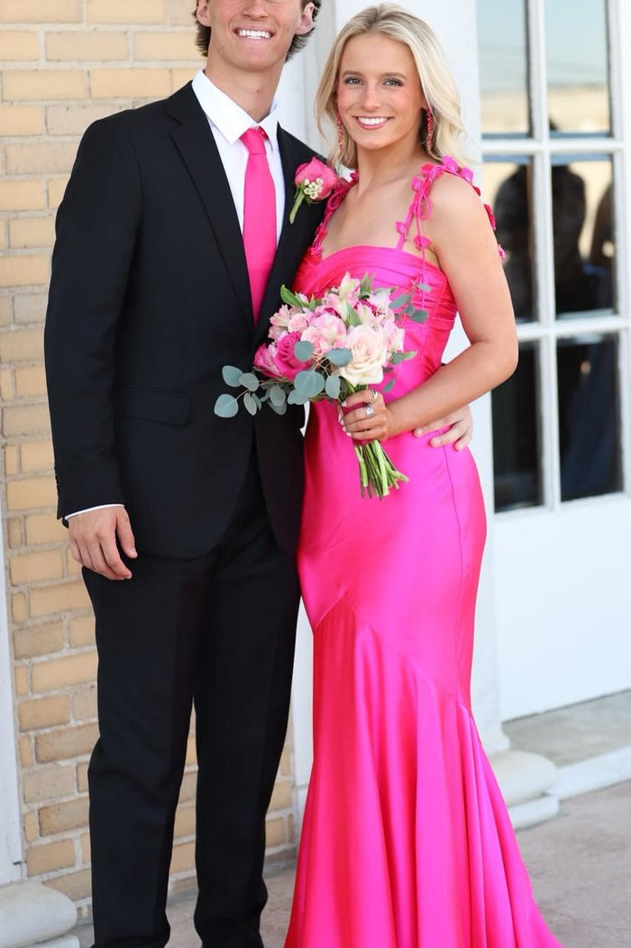 Hot Pink Double Straps with Flower Sweetheart Pleated Mermaid Prom Dress