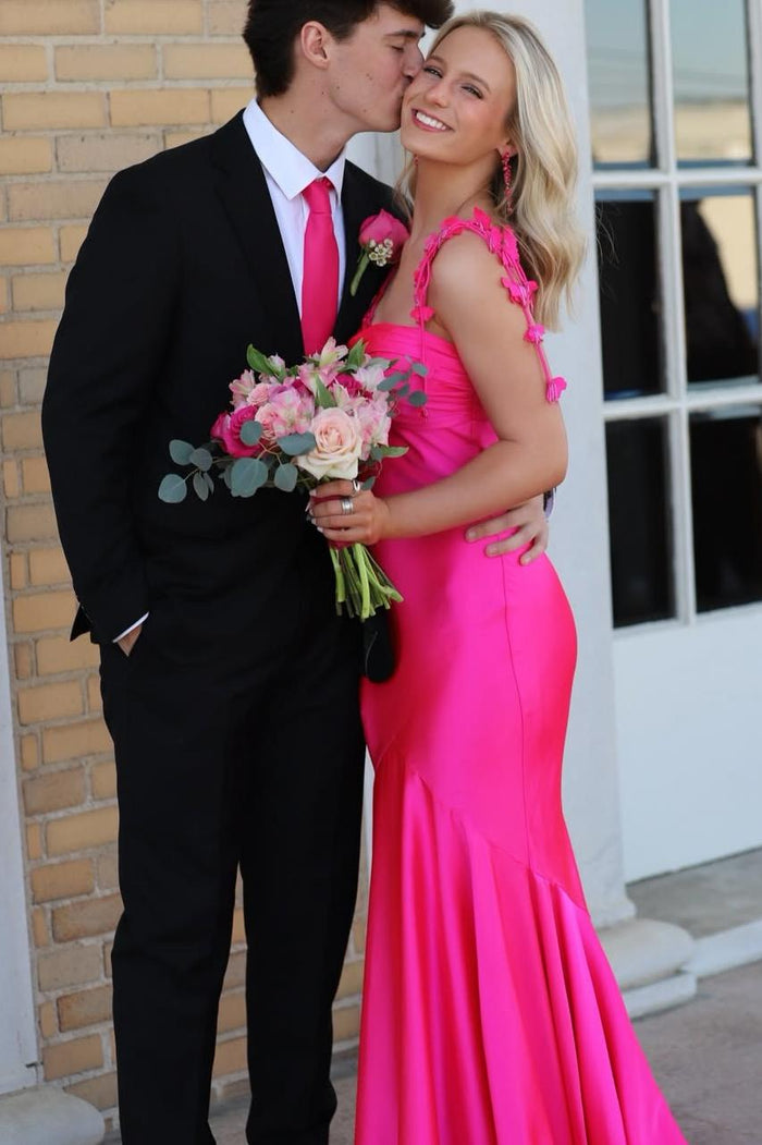Hot Pink Double Straps with Flower Sweetheart Pleated Mermaid Prom Dress
