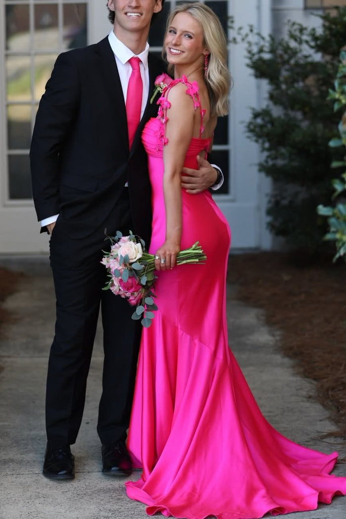 Hot Pink Double Straps with Flower Sweetheart Pleated Mermaid Prom Dress