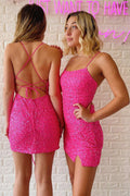 Hot Pink Sequin Lace-Up Homecoming Dress with Slit