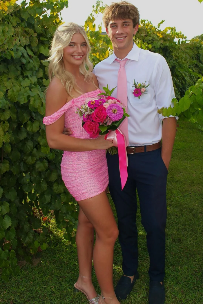 Hot Pink Sequined Off-Shoulder Pleats Tight Mini Homecoming Dress