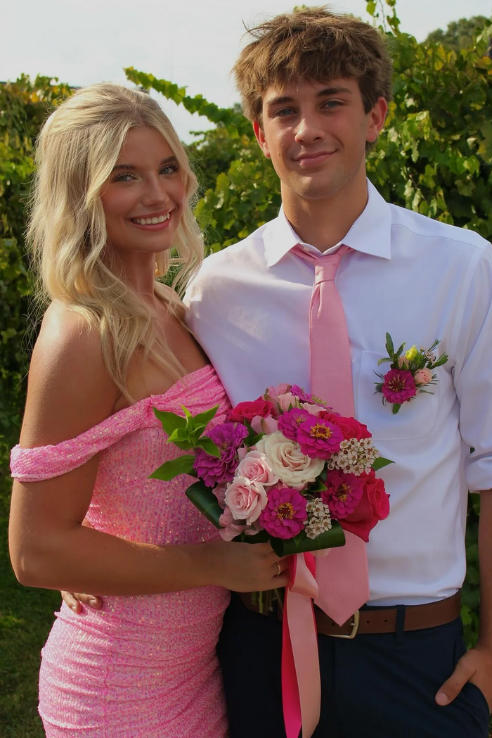 Hot Pink Sequined Off-Shoulder Pleats Tight Mini Homecoming Dress