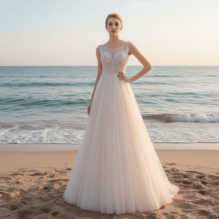 Illusion Back A-line Wedding Dress with Heavy Beading - Rosymae