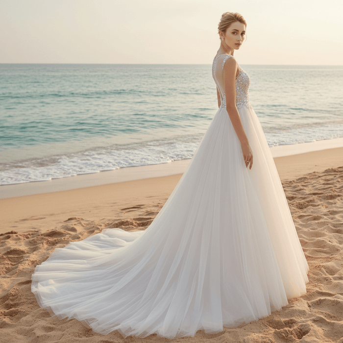 Illusion Back A-line Wedding Dress with Heavy Beading - Rosymae