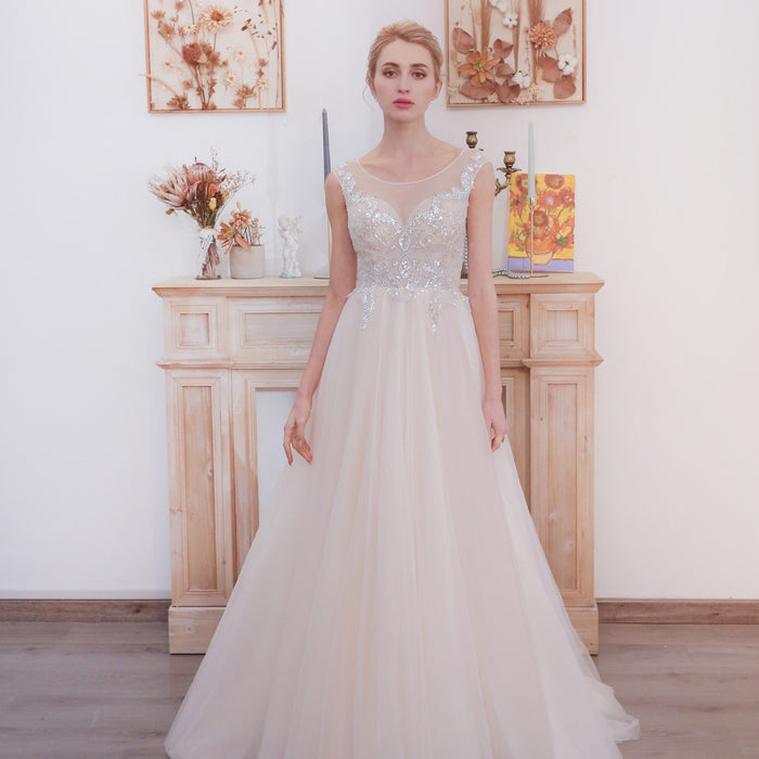 Illusion Back A-line Wedding Dress with Heavy Beading - Rosymae