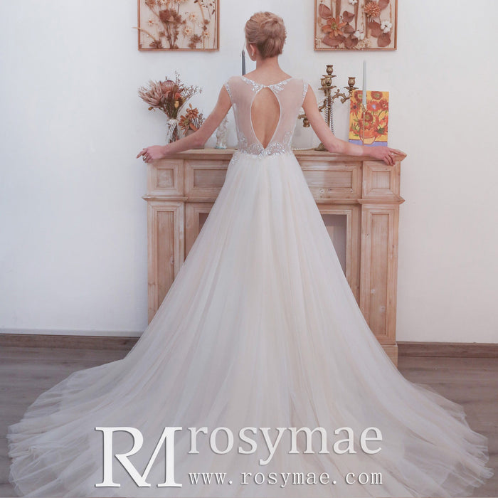 Illusion Back A-line Wedding Dress with Heavy Beading - Rosymae
