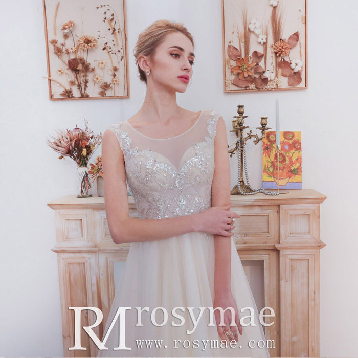 Illusion Back A-line Wedding Dress with Heavy Beading - Rosymae