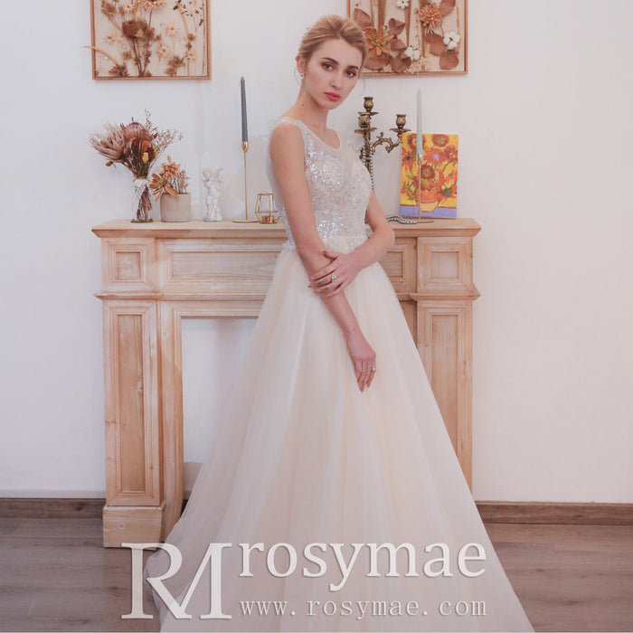 Illusion Back A-line Wedding Dress with Heavy Beading - Rosymae
