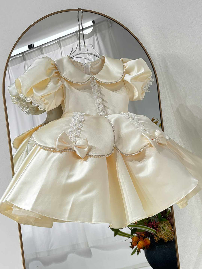 Ivory Princess Girl Gown with Puff Sleeves and Knee Length Skirt J406