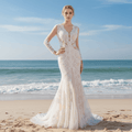 Keyhole Back Long Sleeve Low V Neck Mermaid Wedding Dress - Rosymae