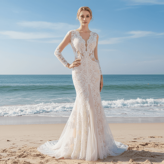 Keyhole Back Long Sleeve Low V Neck Mermaid Wedding Dress - Rosymae