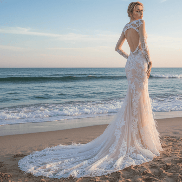 Keyhole Back Long Sleeve Low V Neck Mermaid Wedding Dress - Rosymae
