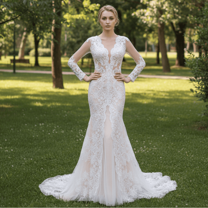 Keyhole Back Long Sleeve Low V Neck Mermaid Wedding Dress - Rosymae