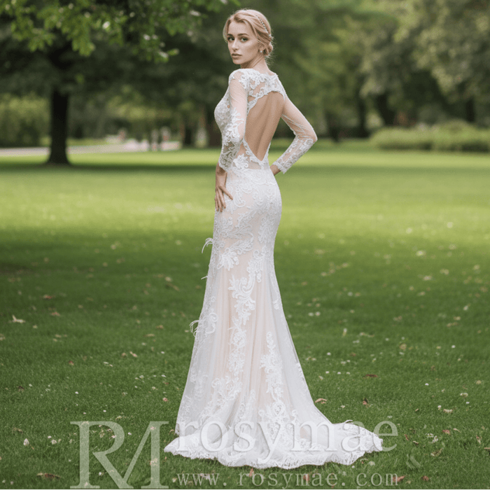 Keyhole Back Long Sleeve Low V Neck Mermaid Wedding Dress - Rosymae