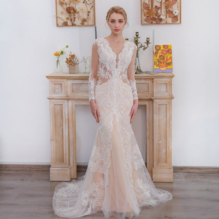 Keyhole Back Long Sleeve Low V Neck Mermaid Wedding Dress - Rosymae