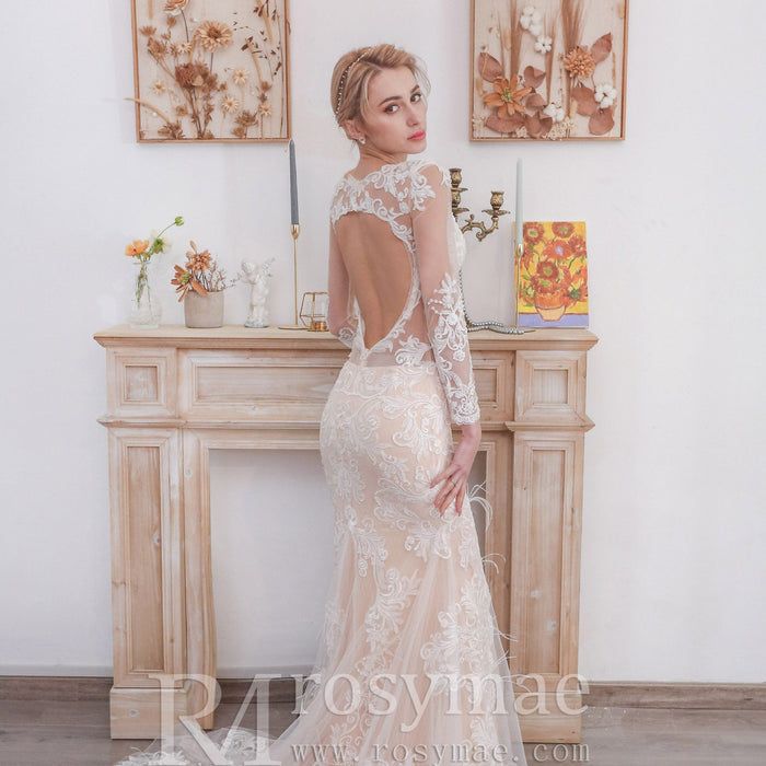 Keyhole Back Long Sleeve Low V Neck Mermaid Wedding Dress - Rosymae
